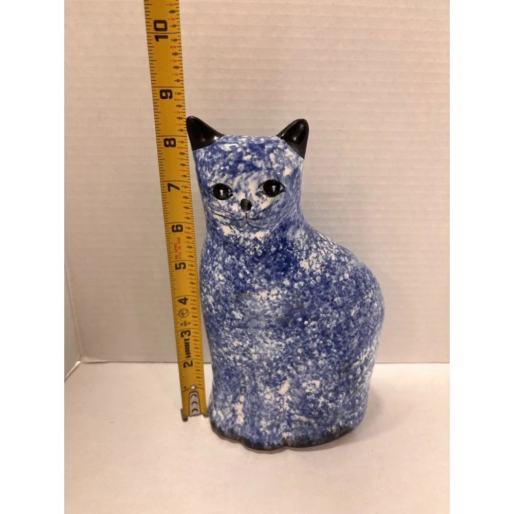 Cat Kitty Vintage Sponged‎ Painted Blue and White Coin Bank 9